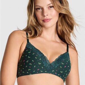 Victoria's Secret pink Cotton Lace Trim in Deep Forest Holly print wireless Bra